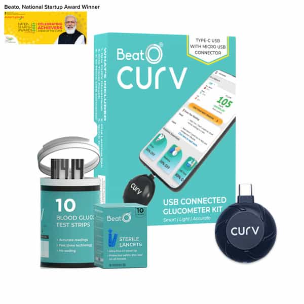 Beato Curv Smartphone Connected Glucometer | Sugar Testing Machine | Free 10 Strips & 10 Lancets