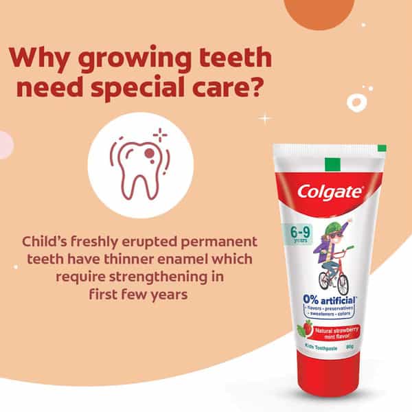 Colgate Toothpaste For Kids (6-9 Years) Natural Strawberry Mint Flavour 0% Artificial - 80G Tube