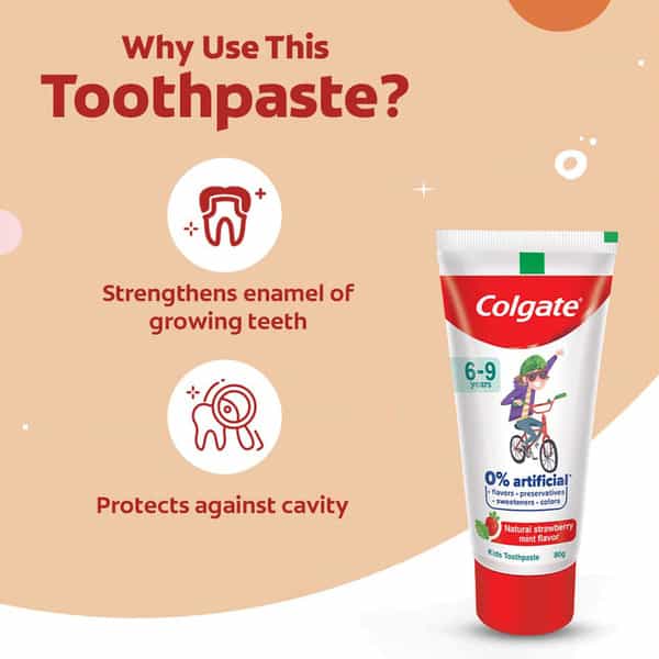 Colgate Toothpaste For Kids (6-9 Years) Natural Strawberry Mint Flavour 0% Artificial - 80G Tube