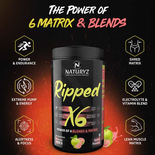 Naturyz Ripped X6 Pre Workout Supplement With 24 Nutrients For Extreme Pump | Endurance (400 Grams)