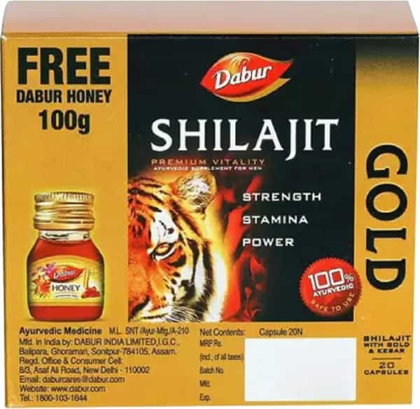 Dabur Shilajit Gold Vitality Capsules Bottle Of 20 With Free Dabur Honey 100G