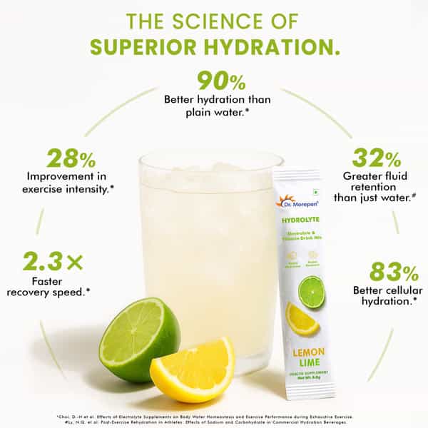 Dr. Morepen Hydrolyte Electrolyte & Vitamin Drink Mix | Lemon Lime - 8.8G X 10 Sachets
