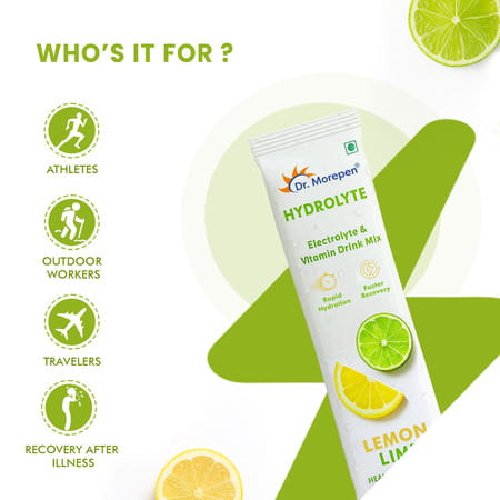 Dr. Morepen Hydrolyte Electrolyte & Vitamin Drink Mix | Lemon Lime - 8.8g X 10 Sachets