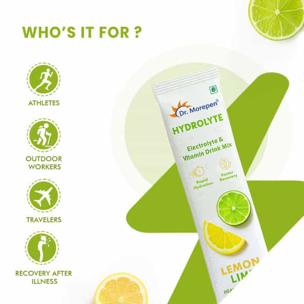 Dr. Morepen Hydrolyte Electrolyte & Vitamin Drink Mix | Lemon Lime - 8.8G X 10 Sachets