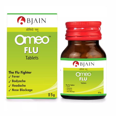 Bjain Omeo Flu Tablet | Homeopathic Support For Flu Symptoms . Cold & Body Ache - 25gm