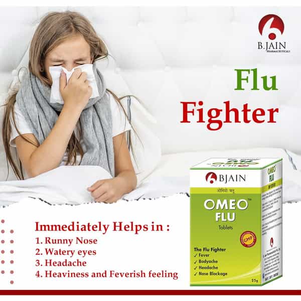 Bjain Omeo Flu Tablet | Homeopathic Support For Flu Symptoms . Cold & Body Ache - 25Gm