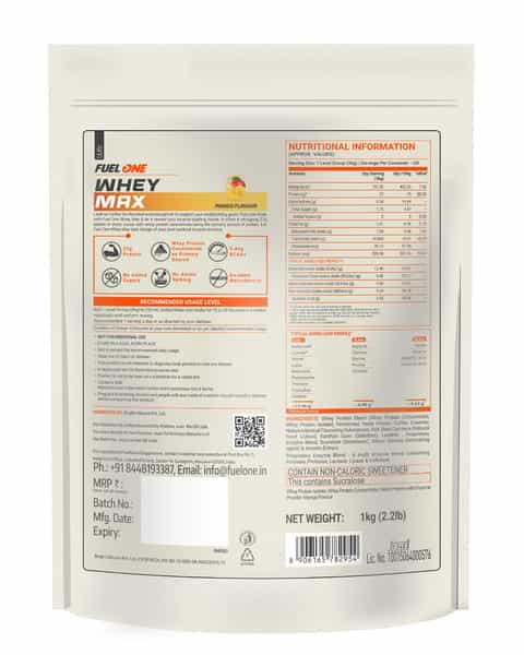 Fuelone Whey Max Protein Blend | Mango | 1Kg (2.2Lbs) | 27G Protein Per Scoop