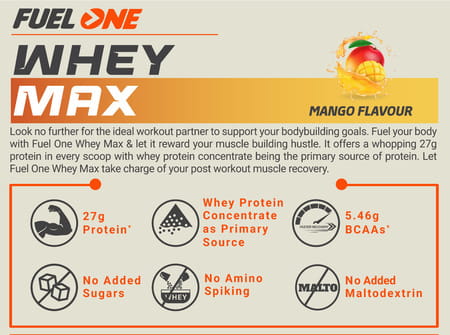 Fuelone Whey Max Protein Blend | Mango | 1Kg (2.2Lbs) | 27G Protein Per Scoop