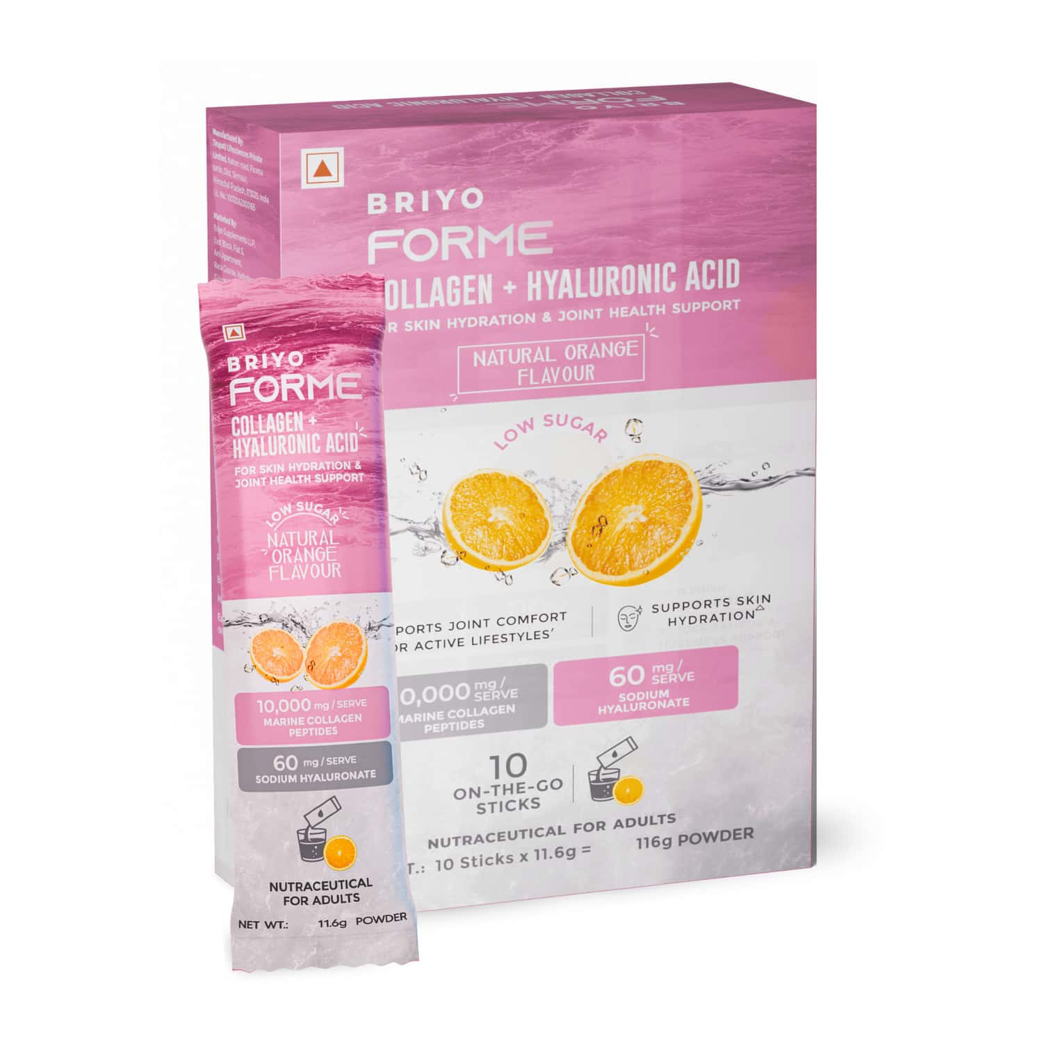 Briyo Forme Collagen + Hyaluronic Acid Sachets | 11.6g | Marine Collagen | 60mg Ha | Orange - 10n
