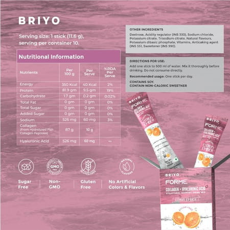 Briyo Forme Collagen + Hyaluronic Acid Sachets | 11.6g | Marine Collagen | 60mg Ha | Orange - 10n