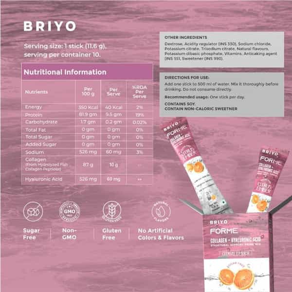 Briyo Forme Collagen + Hyaluronic Acid Sachets | 11.6G | Marine Collagen | 60Mg Ha | Orange - 10N