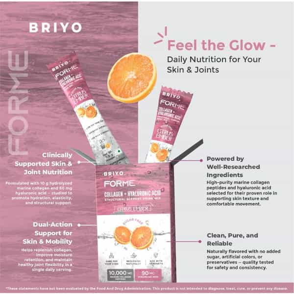 Briyo Forme Collagen + Hyaluronic Acid Sachets | 11.6G | Marine Collagen | 60Mg Ha | Orange - 10N