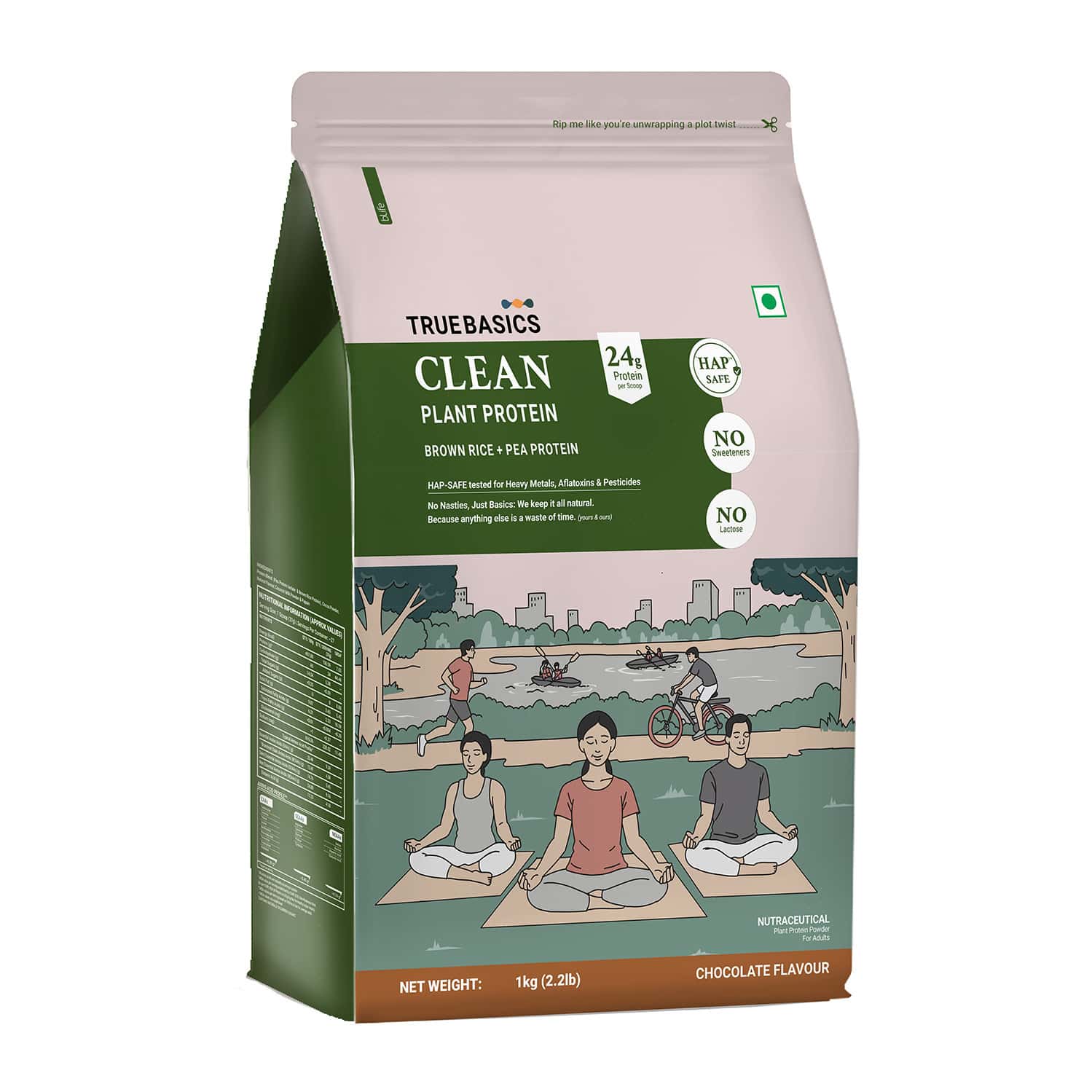 Truebasics Clean Plant Protein Powder Brown Rice + Pea Protein (Chocolate 1kg) | 24g Protein