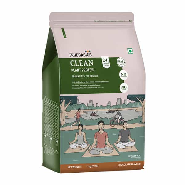Truebasics Clean Plant Protein Powder Brown Rice + Pea Protein (Chocolate 1Kg) | 24G Protein