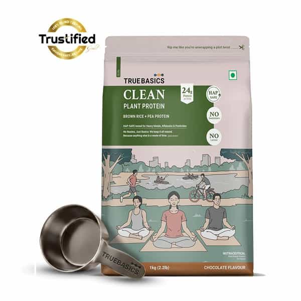 Truebasics Clean Plant Protein Powder Brown Rice + Pea Protein (Chocolate 1Kg) | 24G Protein
