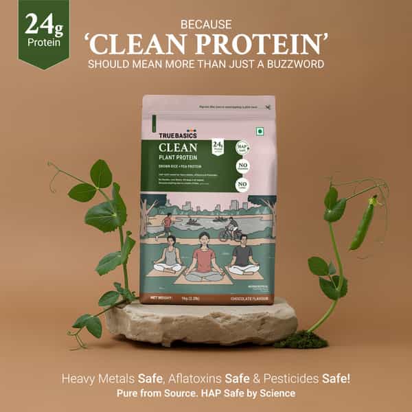Truebasics Clean Plant Protein Powder Brown Rice + Pea Protein (Chocolate 1Kg) | 24G Protein