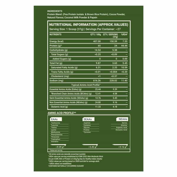 Truebasics Clean Plant Protein Powder Brown Rice + Pea Protein (Chocolate 1Kg) | 24G Protein