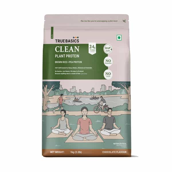 Truebasics Clean Plant Protein Powder Brown Rice + Pea Protein (Chocolate 1Kg) | 24G Protein