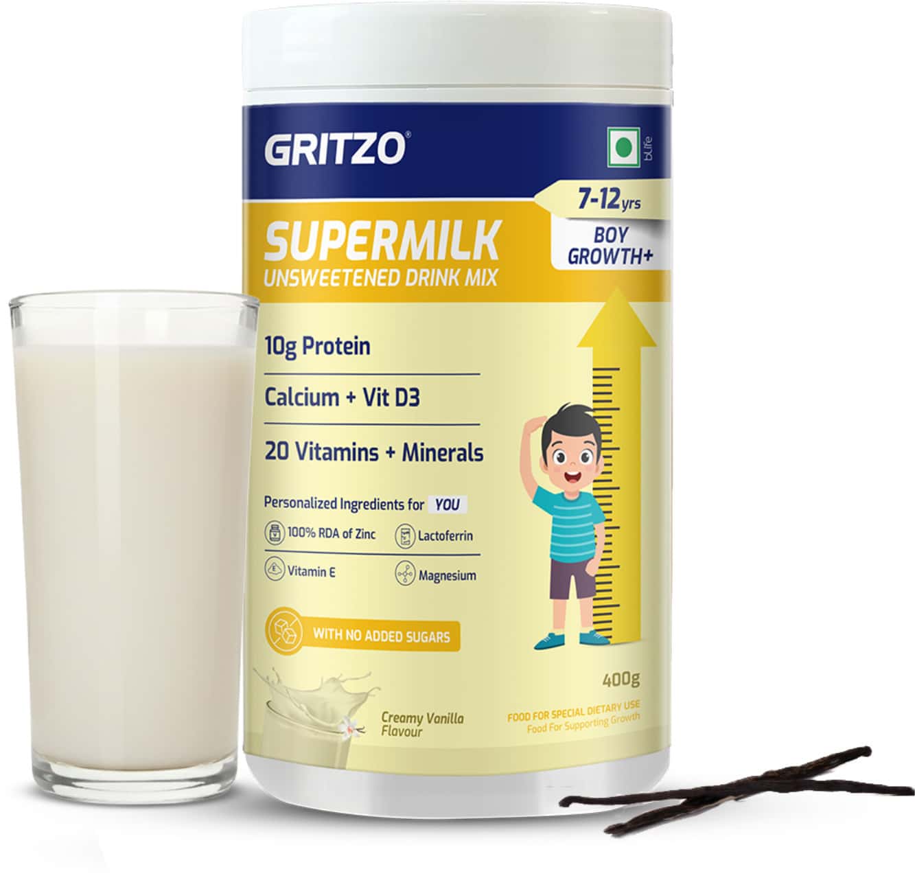 Gritzo Supermilk Growth+ (formerly Height+) Unsweetened Drink Mix (7-12y Boy) (creamy Vanilla 400g)