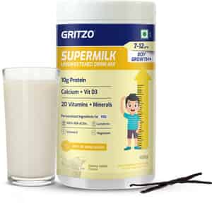 Gritzo Supermilk Growth+ Unsweetened Drink Mix (7-12y Boys) | 10g Powder (creamy Vanilla | 400g)