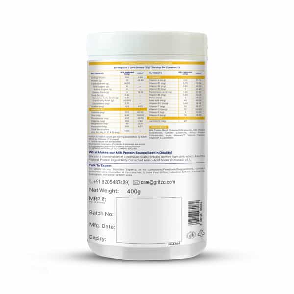 Gritzo Supermilk Growth+ Unsweetened Drink Mix (7-12Y Boys) | 10G Powder (Creamy Vanilla | 400G)