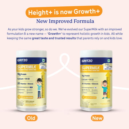 Gritzo Supermilk Growth+ (Formerly Height+) Unsweetened Drink Mix (7-12y Boy) (Creamy Vanilla 400g)