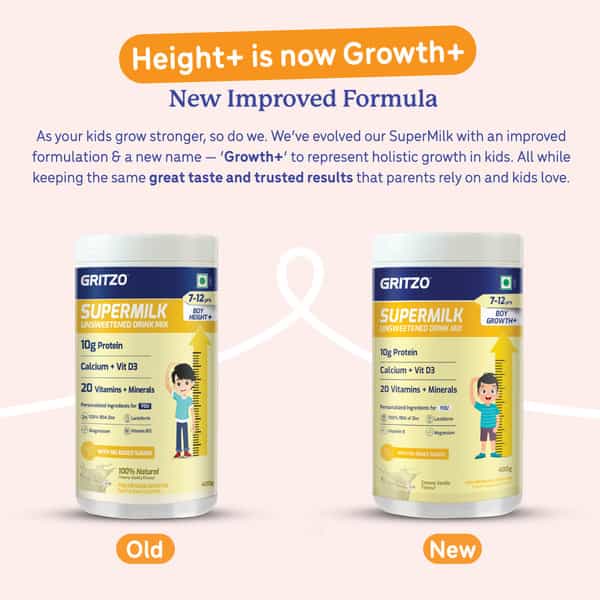 Gritzo Supermilk Growth+ Unsweetened Drink Mix (7-12Y Boys) | 10G Powder (Creamy Vanilla | 400G)