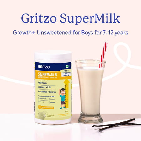 Gritzo Supermilk Growth+ (Formerly Height+) Unsweetened Drink Mix (7-12y Boy) (Creamy Vanilla 400g)
