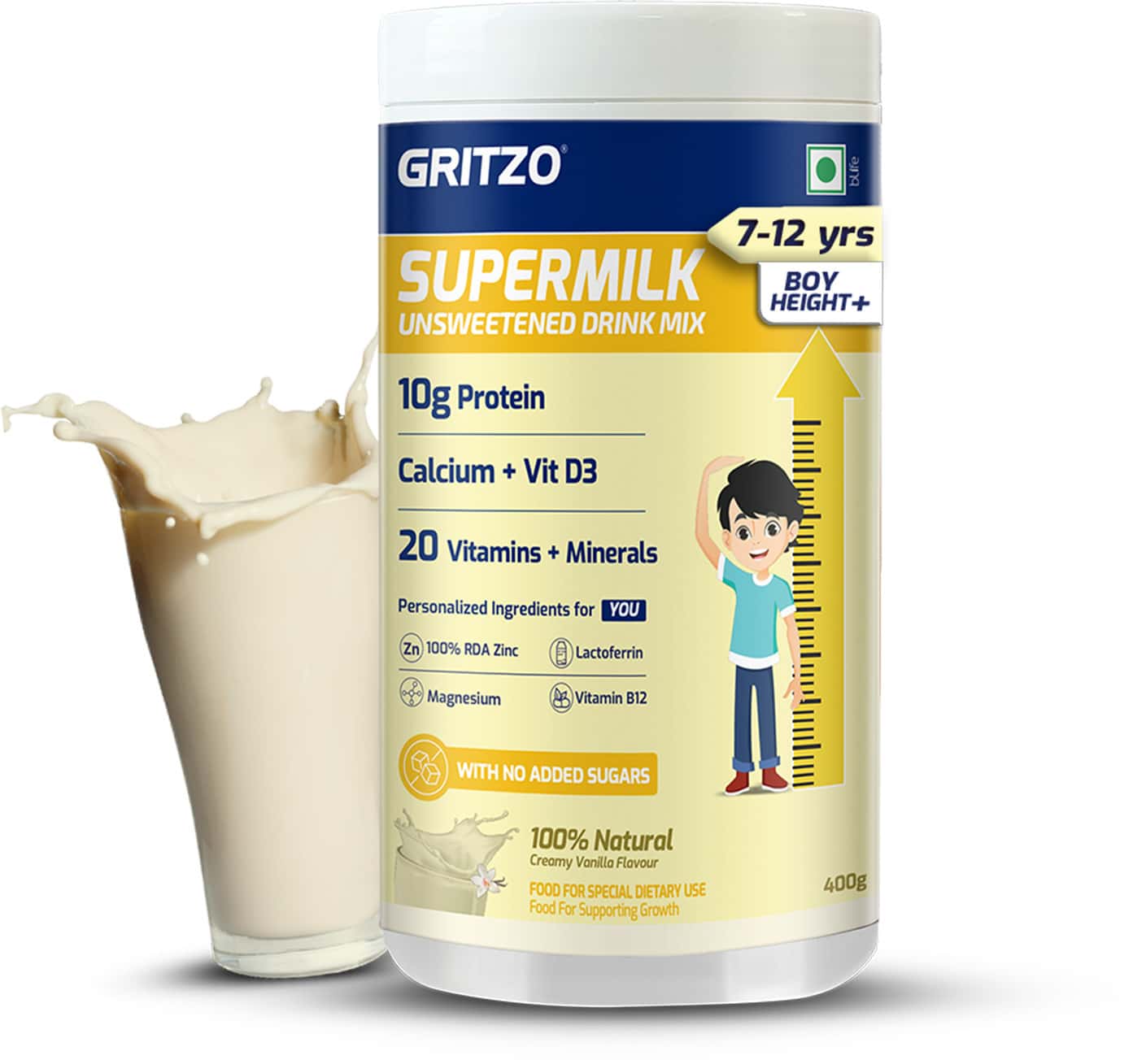 Gritzo Supermilk Height+ Drink Mix For Boys | 7 To 12 Years | 400g | Creamy Vanilla