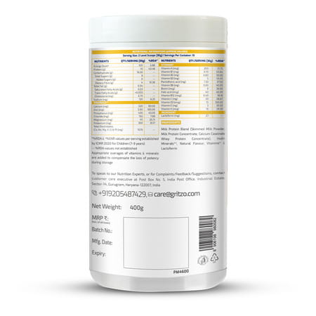 Gritzo Supermilk Height+ Drink Mix For Boys | 7 To 12 Years | 400g | Creamy Vanilla