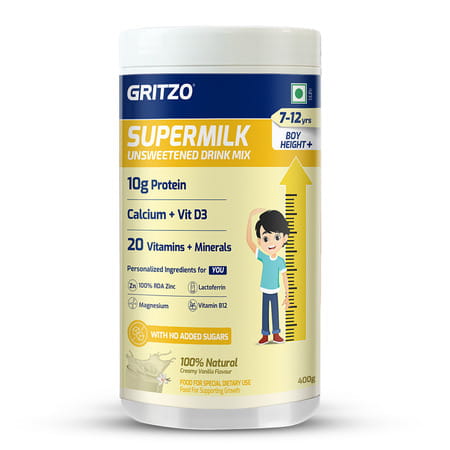 Gritzo Supermilk Height+ Drink Mix For Boys | 7 To 12 Years | 400g | Creamy Vanilla