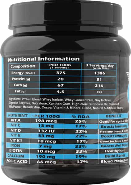 Sos Nutrition High Protein Heavy Mass Gainer Chocolate Added Multivitamins - 1000G