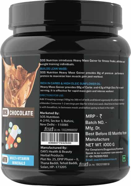 Sos Nutrition High Protein Heavy Mass Gainer Chocolate Added Multivitamins - 1000G