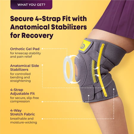 Betterhood 4-Strap Knee Brace With Stabilizers | Open Patella Knee Cap Support (Pack Of 1)