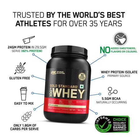 Optimum Nutrition Gold Standard 100% Whey Protein Unflavoured Powder 907 Gm