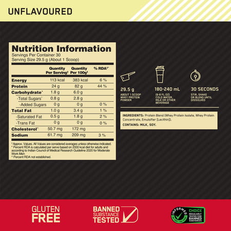 Optimum Nutrition Gold Standard 100% Whey Protein Unflavoured Powder 907 Gm