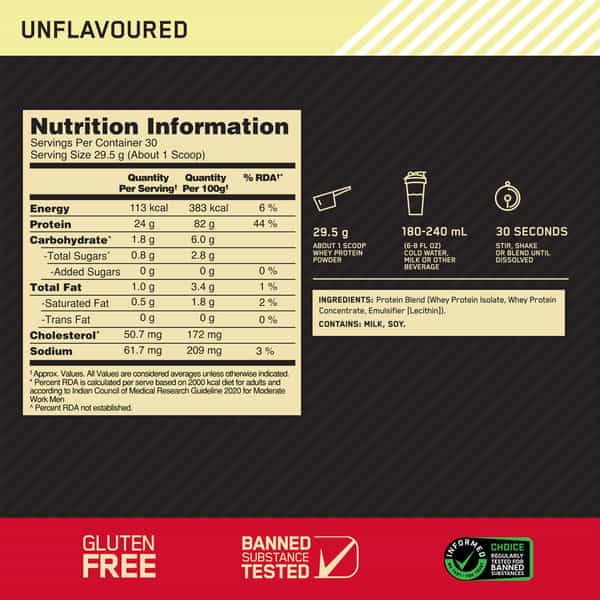 Optimum Nutrition Gold Standard 100% Whey Protein Unflavoured Powder 907 Gm