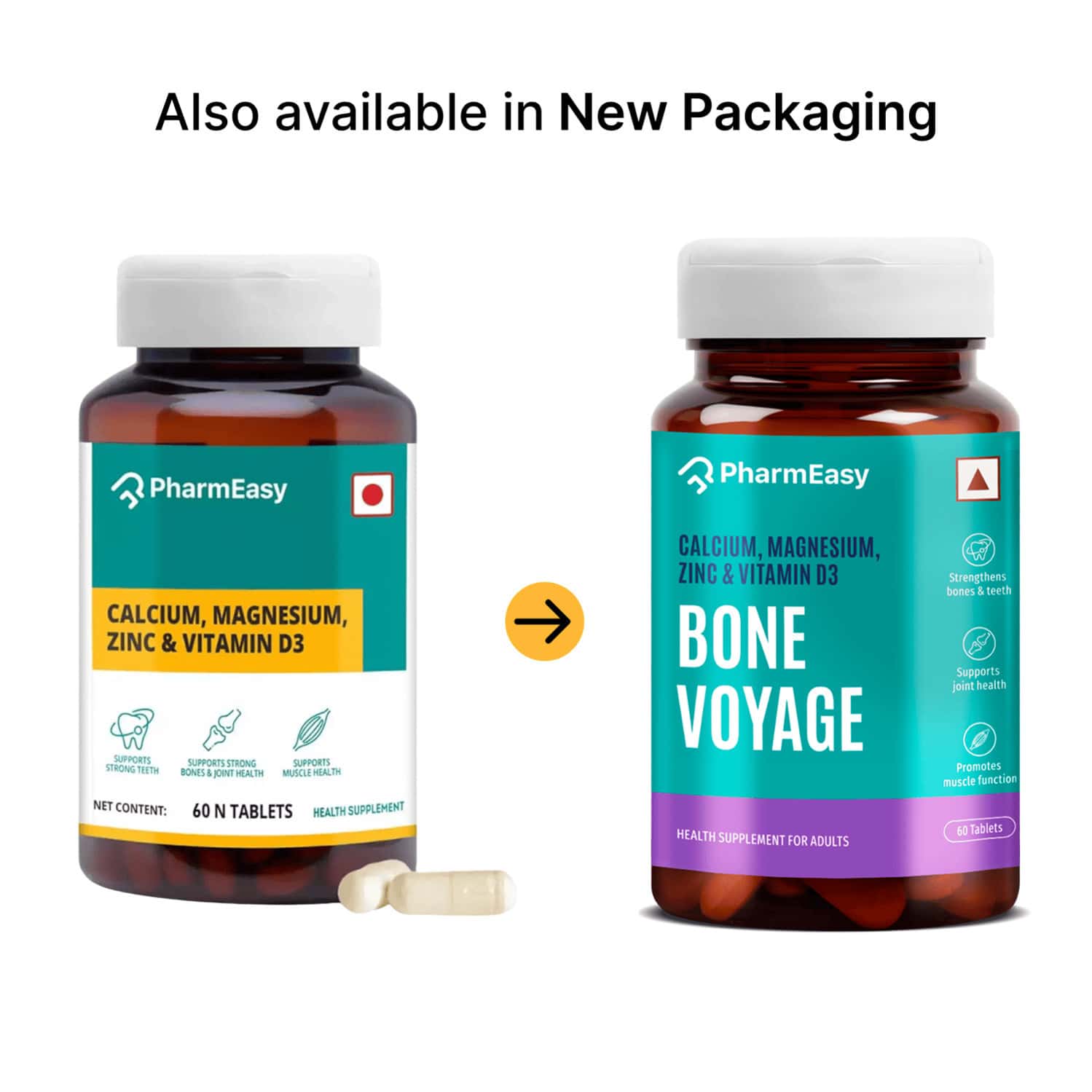 Pharmeasy Bone Voyage | Calcium Magnesium Vitamin D3 & Zinc | Bones & Dental Health | 60 Tablets