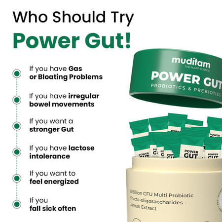 Muditam Ayurveda Power Gut - Prebiotics & Probiotics Supplement | Bloating, Gas | 15 Sachet