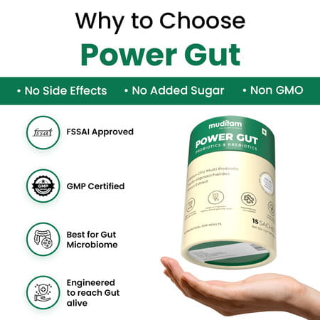 Muditam Ayurveda Power Gut - Prebiotics & Probiotics Supplement | Bloating, Gas | 15 Sachet