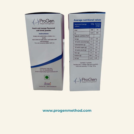 Progen Peach & Mango Flavoured Cold Drink | 15 G Of Protein Per Meal | Pack Of 7 105 Gm