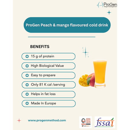 Progen Peach & Mango Flavoured Cold Drink | 15 G Of Protein Per Meal | Pack Of 7 105 Gm