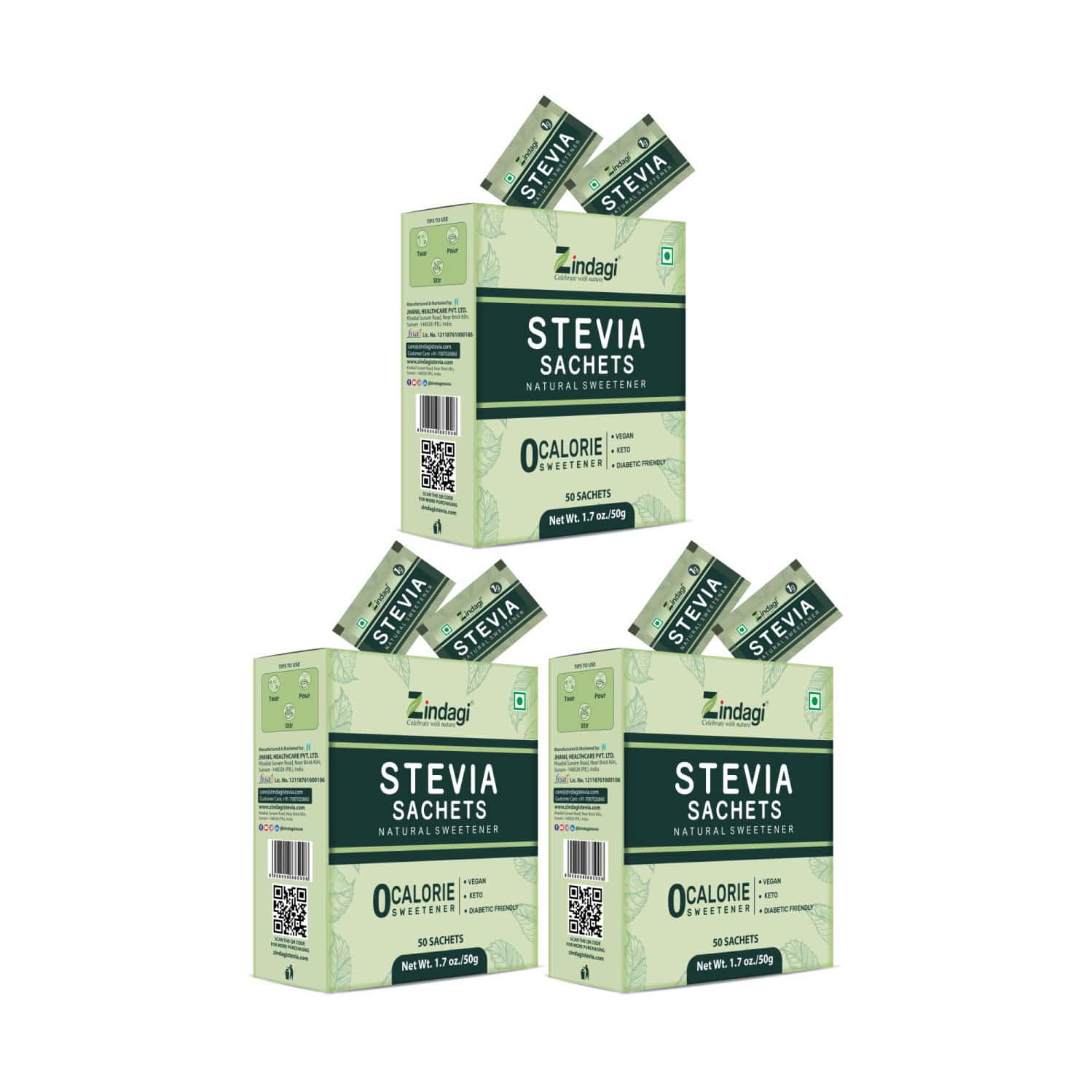 Zindagi Stevia Powder Sachets |100% Sugarfree|zero Calorie|diabetic Friendly|50 Sachets|pack Of 3