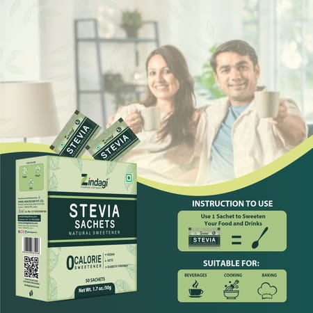 Zindagi Stevia Powder Sachets |100% Sugarfree|Zero Calorie|Diabetic Friendly|50 Sachets|Pack Of 3