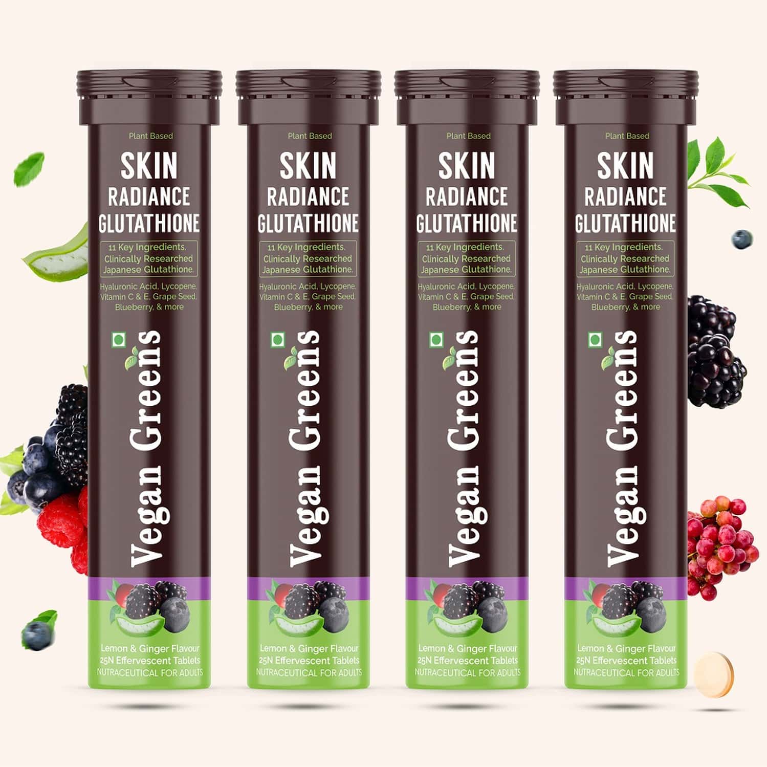 Vegan Greens Skin Radiance Japanese Glutathione 500mg +11 Key Ingredient. 100 Efferve., Lemon Ginger