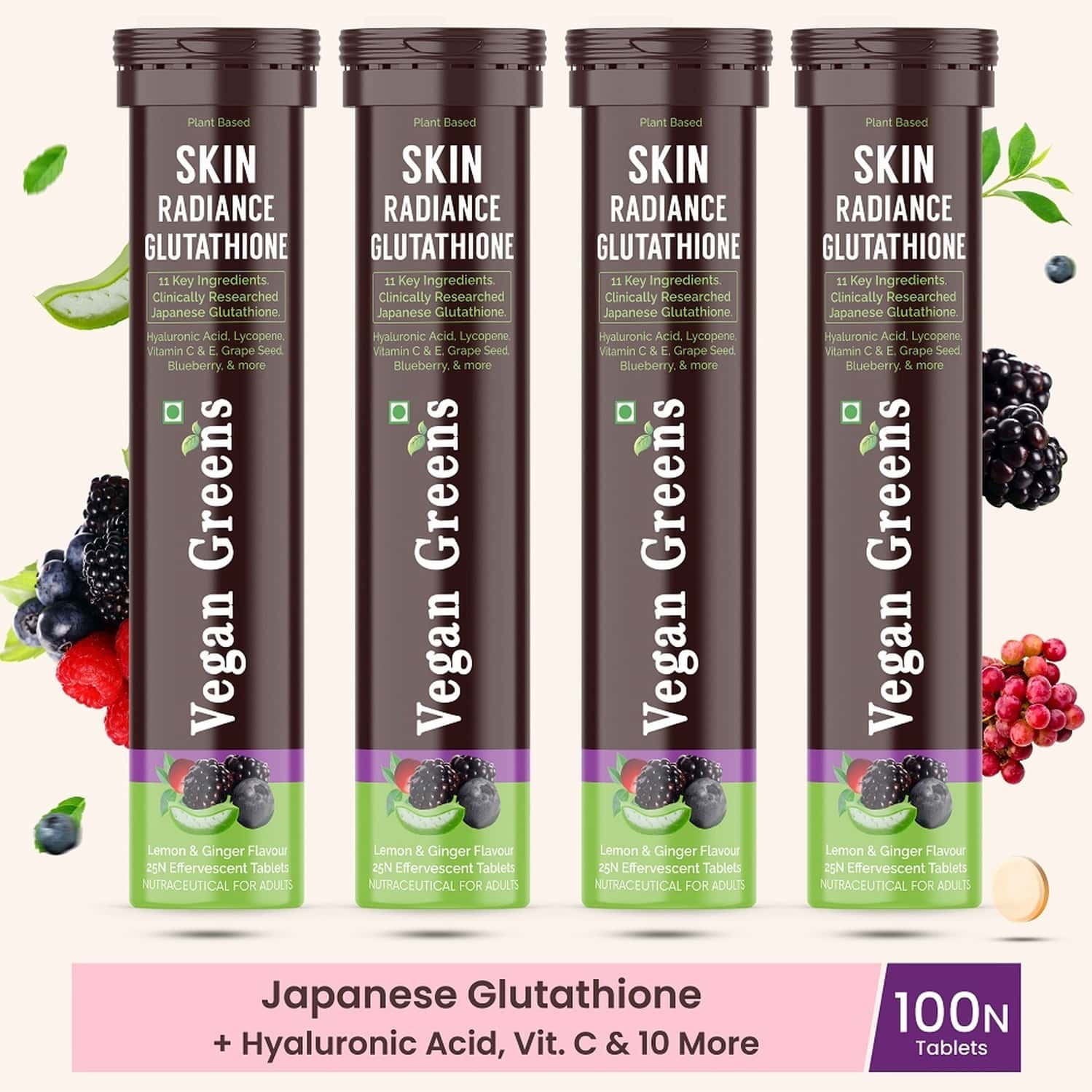 Vegan Greens Skin Radiance Japanese Glutathione 500mg +11 Key Ingredient. 100 Efferve., Lemon Ginger