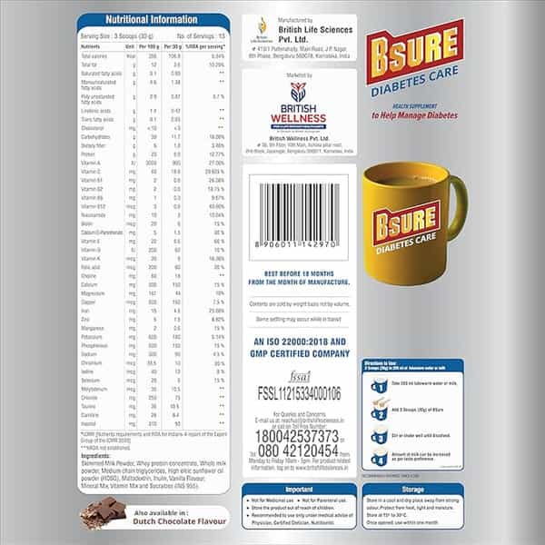 Bsure Diabetes Care- Balanced Vital Nutrients Blood Sugar, Weight&Strength Chocolate Flavour- 400Gm.