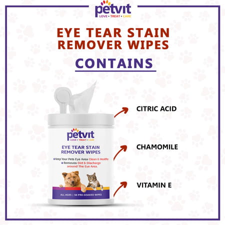 Petvit Eye Tear Stain Remover Wipes For Dogs And Cats - 50 Wipes Pack Of 2