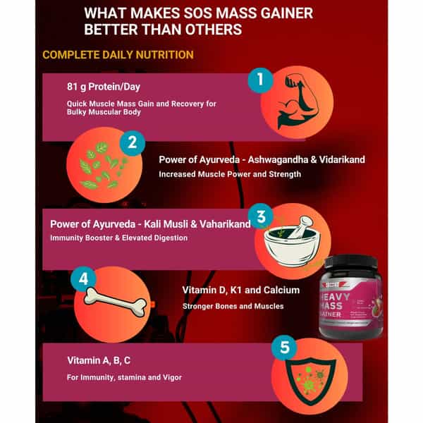 Sos Nutrition High Protein Heavy Mass Gainer Herbs Multivitamins Strawberry