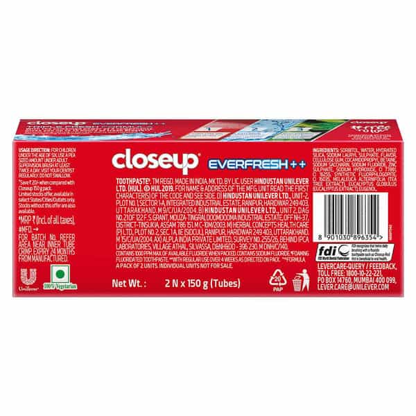 Closeup Toothpaste With 3X Freshness |Upto 12 Hrs Fresh Breath & White Teeth(150G*2)